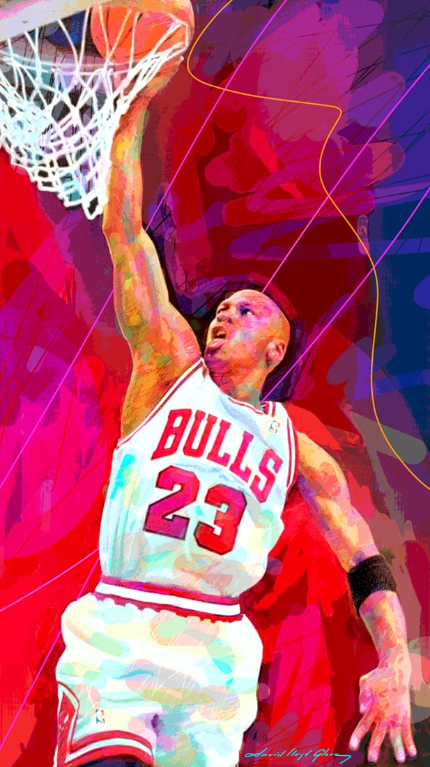 David Lloyd Glover (American 1949) Michael Jordan Slam Dunk Original Mixed Media Painting on canvas: Mixed media on canvas by David Lloyd Glover Hand signed by the artist. On canvas image size. Approx image size 18x24 inches Custom framed and includes certificate. This work was purchased directly fro
