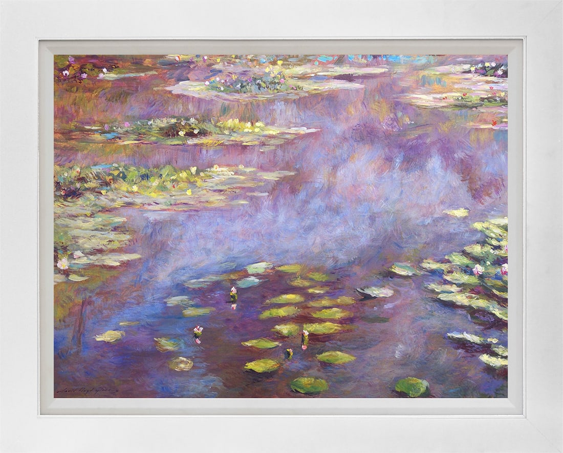 David Lloyd Glover (American 1949) Giverny Nympheas Hand Embellished Painting on canvas by David: Giverny Nymphae's Hand Embellished Painting on canvas by David Lloyd Glover Hand signed by the artist. On canvas image size. Approx image size 18x24 inches. Custom framed and includes certificate. Thi