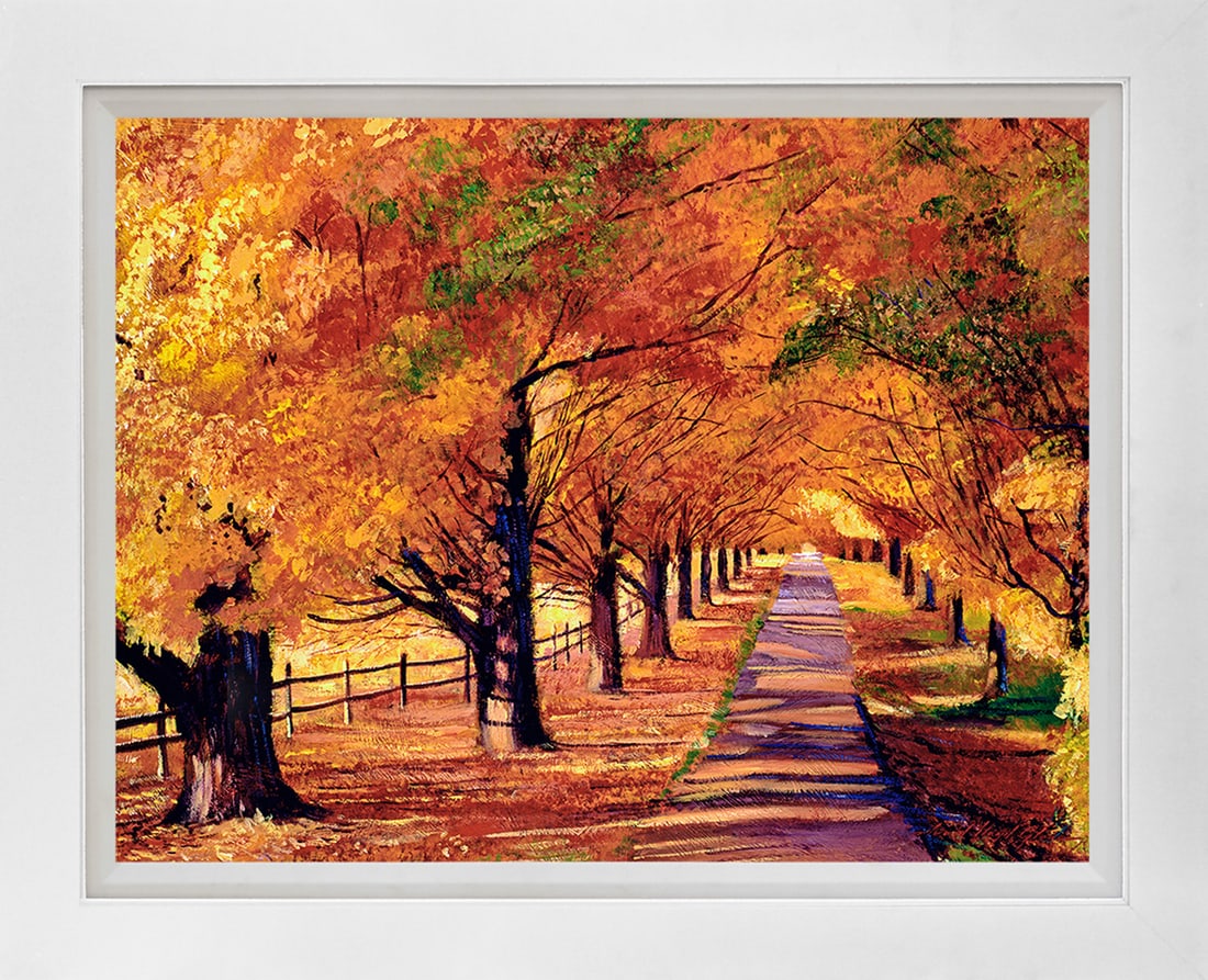 David Lloyd Glover (American 1949) Autumn in Vermont Mixed Media Original Painting on canvas by: Mixed media on canvas by David Lloyd Glover Hand signed by the artist. On canvas image size Approx image size 18x24 inches. Custom framed and includes certificate. This work was purchased directly fro