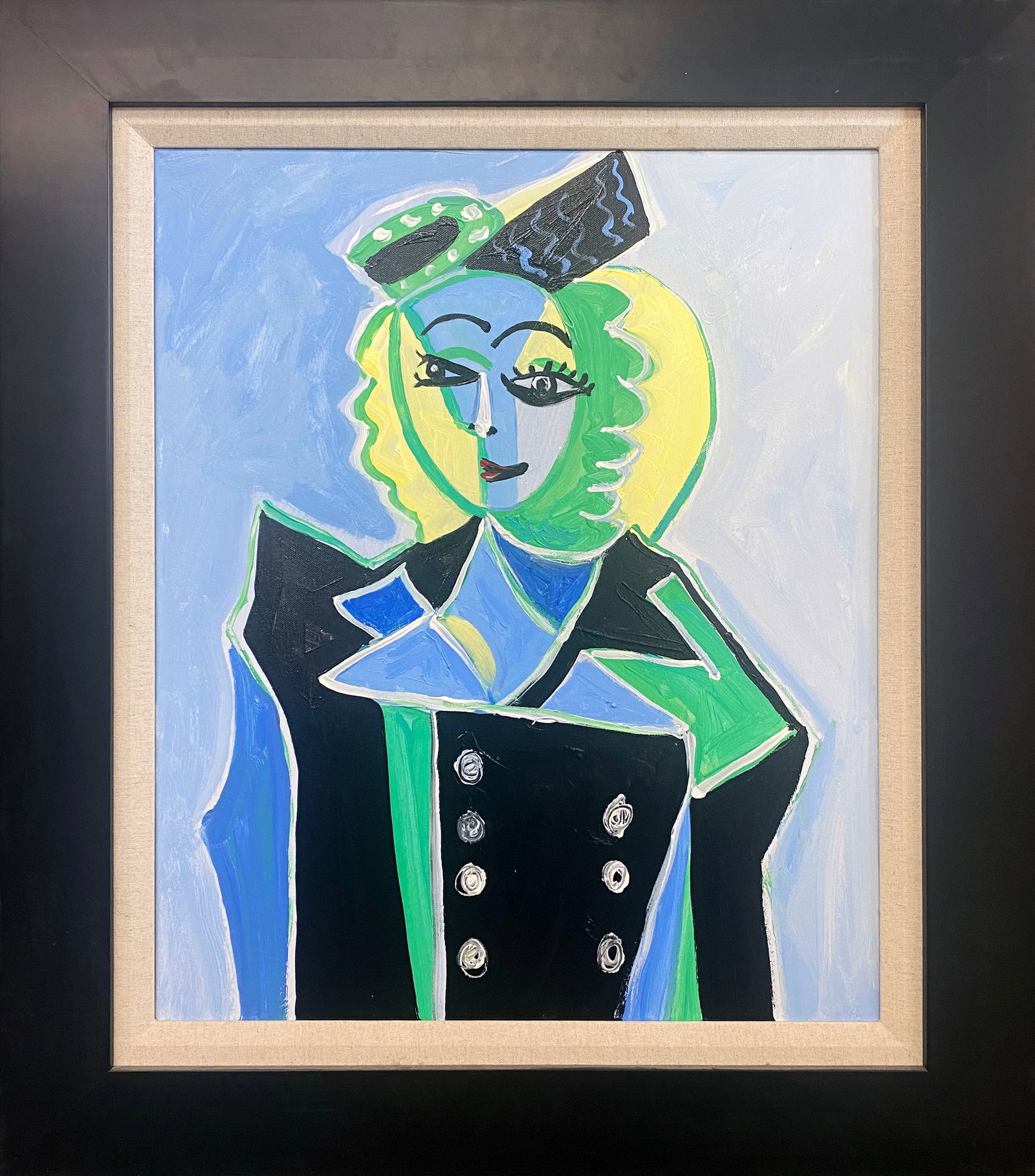 Pablo Picasso (Spanish 1881-1973) oil painting on canvas in the manner of Pablo Picasso (Spanish: Pablo Picasso (Spanish 1881-1973) oil painting on canvas in the manner of Pablo Picasso (Spanish 1881-1973) on canvas. Approx 30 x 24 inches. Custom framed. Includes documentation. Art Artwork Artist.