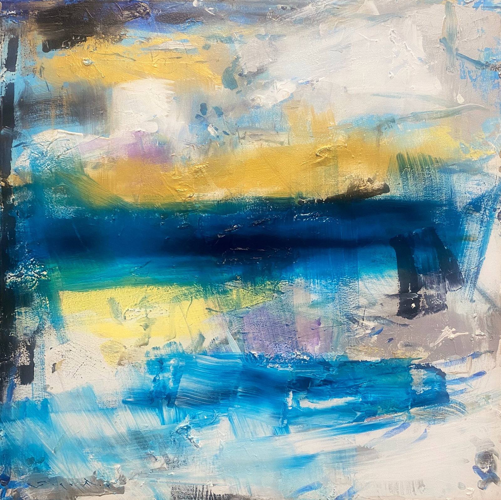 Jorn Fox (American 1954) Original oil abstract on canvas by Jorn Fox: Original Painting on canvas by Jorn Fox (American 1954) Hand signed by the artist. One of a kind original. On canvas Approx 36x 36 inches image size. Custom framed and includes certificate. This work 