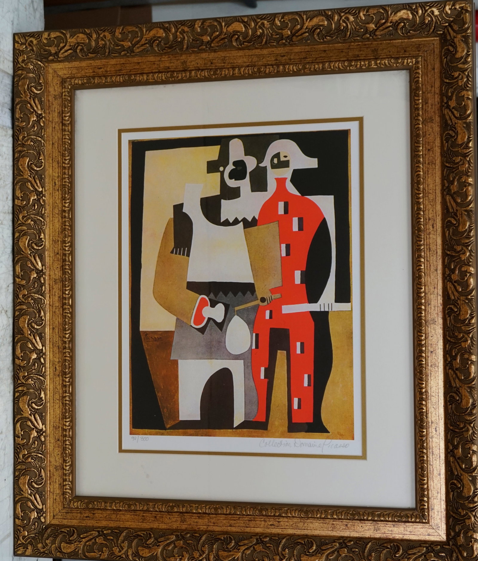 Pablo Picasso (Spanish 1881-1973) Lithograph Limited Edition Harlequins Collection Domaine: Pablo Picasso (Spanish 1881-1973) Lithograph Limited Edition Harlequins Collection Domaine Picasso Pablo Picasso Limited Edition. Estate signed. Approx 30x28 inches. Custom framed and includes documen