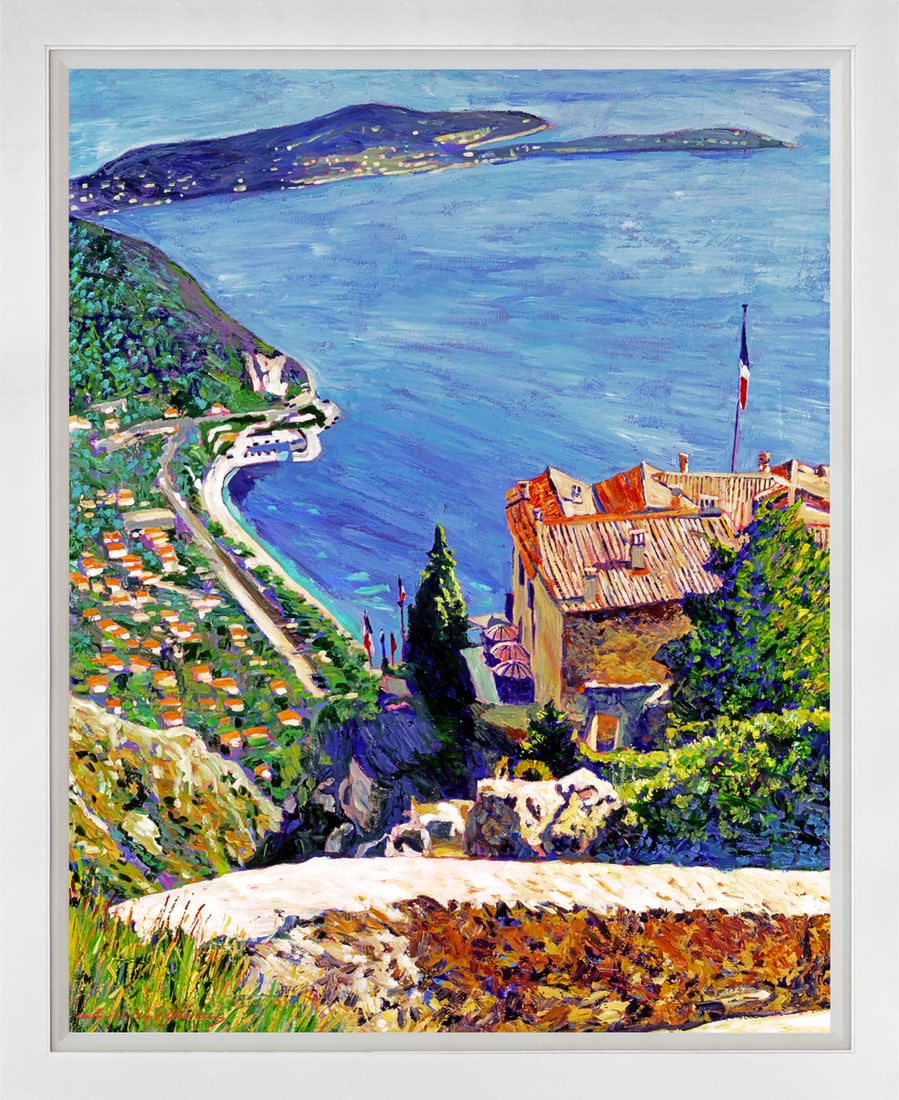 David Lloyd Glover (American 1949) View over the Riveria Original Mixed Media Painting on canvas by: View over the Riveria. Original Mixed Media Painting on canvas by David Lloyd Glover. Hand signed by the artist. Custom framed and includes certificate from the artist. Approx 24x18 image size and 30x