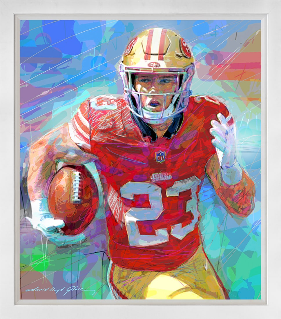 David Lloyd Glover (American 1949) Christian McCaffrey Running Back Original Mixed Media Painting on: Christian McCaffrey Running Back Original Mixed Media Painting on canvas by David Lloyd Glover Hand signed by the artist. Custom framed and includes certificate from the artist. Approx 24x18 image siz