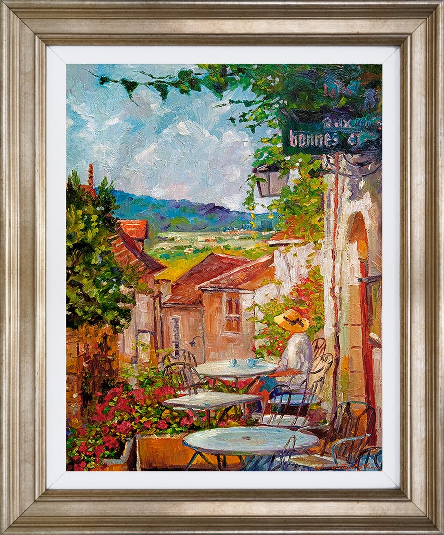 David Lloyd Glover (American 1949) Provenance Cafe Mixed Media Original Painting on canvas by David: Provenance Cafe Mixed media on canvas by David Lloyd Glover Hand signed by the artist. On canvas image size. Approx image size 18x24 inches. Custom framed and includes certificate. This work was purch