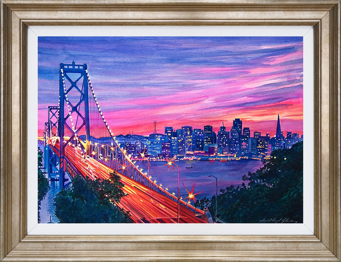 David Lloyd Glover San Francisco Nights Mixed Media. Original Painting on canvas: San Francisco Nights Mixed media on canvas by David Lloyd Glover Hand signed by the artist. On canvas image size. Approx image size 18x24 inches. Custom framed and includes certificate. This work was 