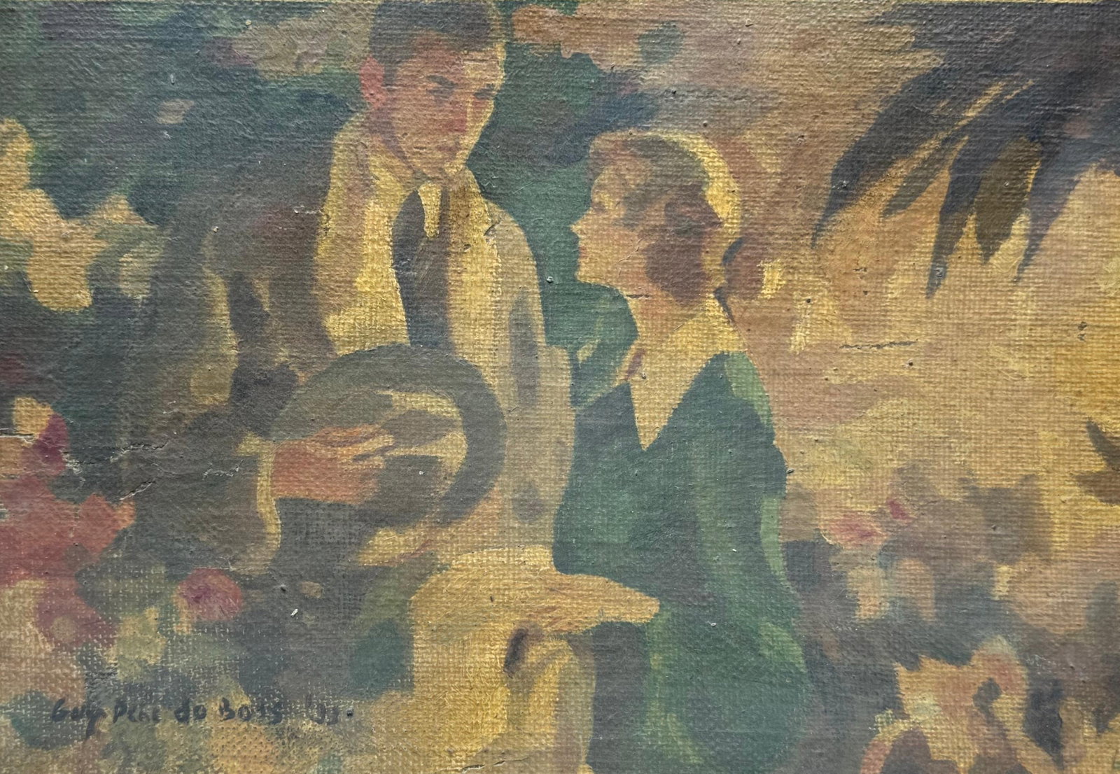 Artist: Guy Paine du Bois (American, 1884–1958) Medium: Oil on canvas laid down on cardboard: Artist: Guy Paine du Bois (American, 1884–1958)Medium: Oil on canvas laid down on cardboardTitle: Conversation at the Florist’sDimensions: Approximately 22 × 15 cm (8.7 × 5.9 in)Signature: Signe