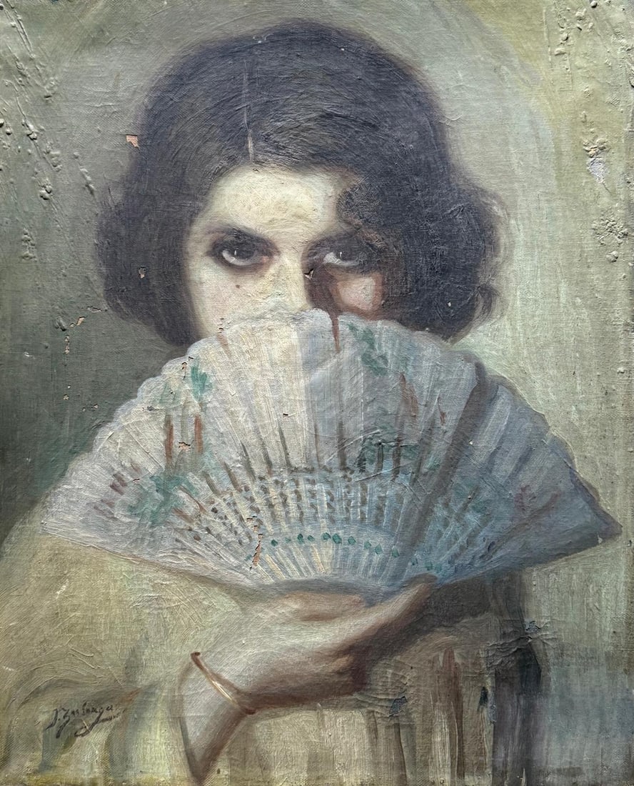 Artist: Zuloaga Medium: Oil on canvas Title: Young Woman with a Fan Signature: Indistinctly signed: Artist: ZuloagaMedium: Oil on canvasTitle: Young Woman with a FanSignature: Indistinctly signed “Zuloaga” in the lower left cornerDimensions: 54 × 44 cm (21.3 × 17.3 in)Provenance: Private c