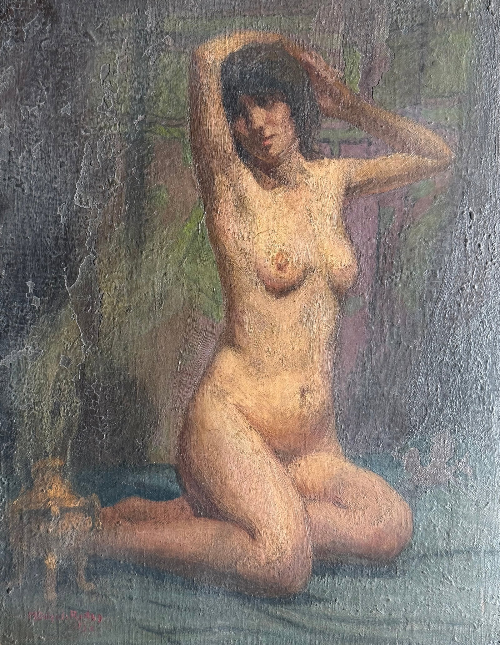 Artist: Modesto Delgado Rodas (Paraguayan, 1886–1963) Medium: Oil on canvas laid down on: Artist: Modesto Delgado Rodas (Paraguayan, 1886–1963)Medium: Oil on canvas laid down on board.Title: Seated Female NudeDimensions: 45 × 35 cm (17.7 × 13.8 in)Signature: Signed in the lower left co