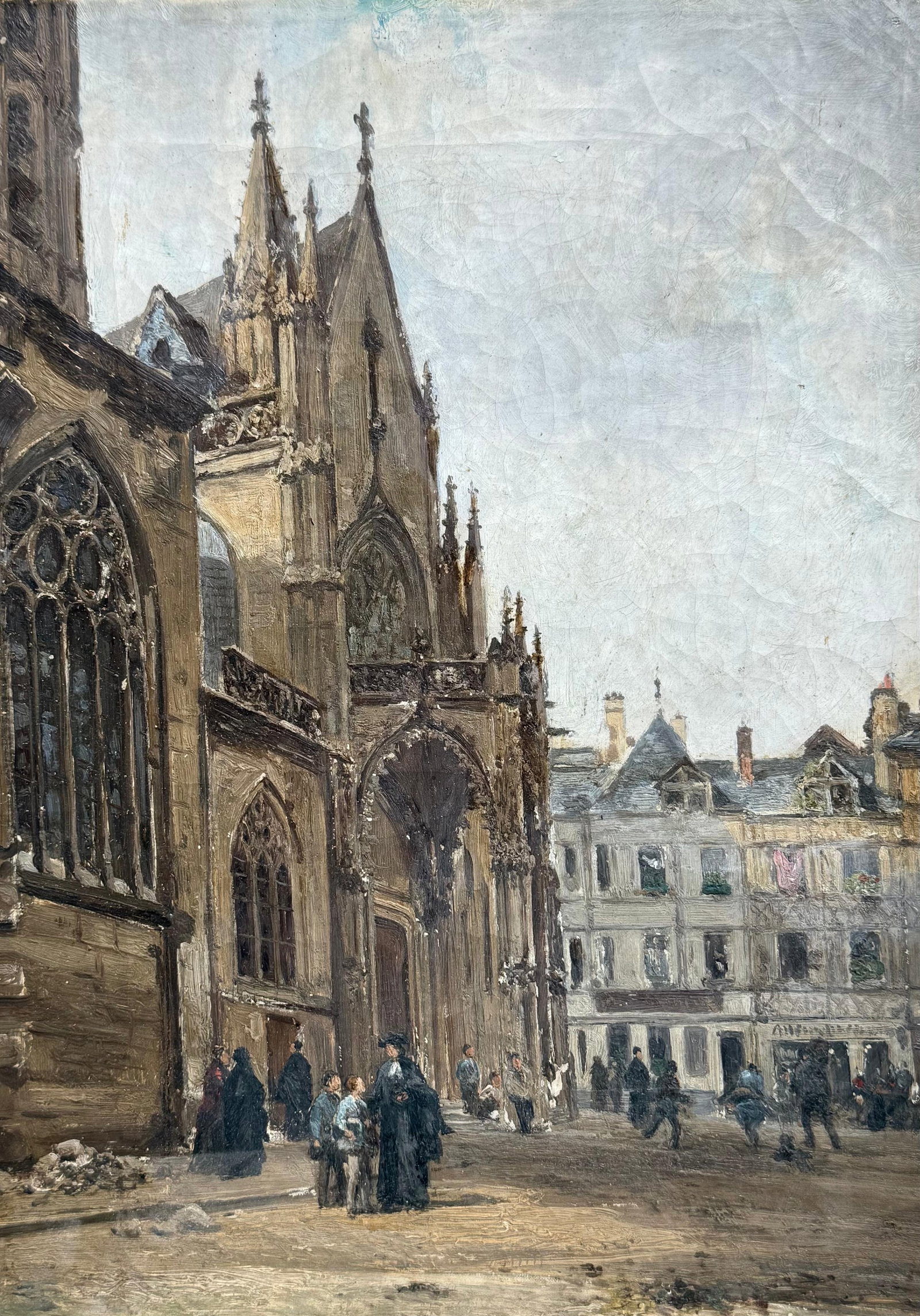Artist: S. Lapine Title: Figures Outside a Gothic Church Medium: Oil on canvas Period: 19th century: Artist: S. LapineTitle: Figures Outside a Gothic ChurchMedium: Oil on canvasPeriod: 19th centuryDimensions: 38 × 27 cm (15 × 10.6 in)Provenance: Private collectionDescription: A remarkable French ur