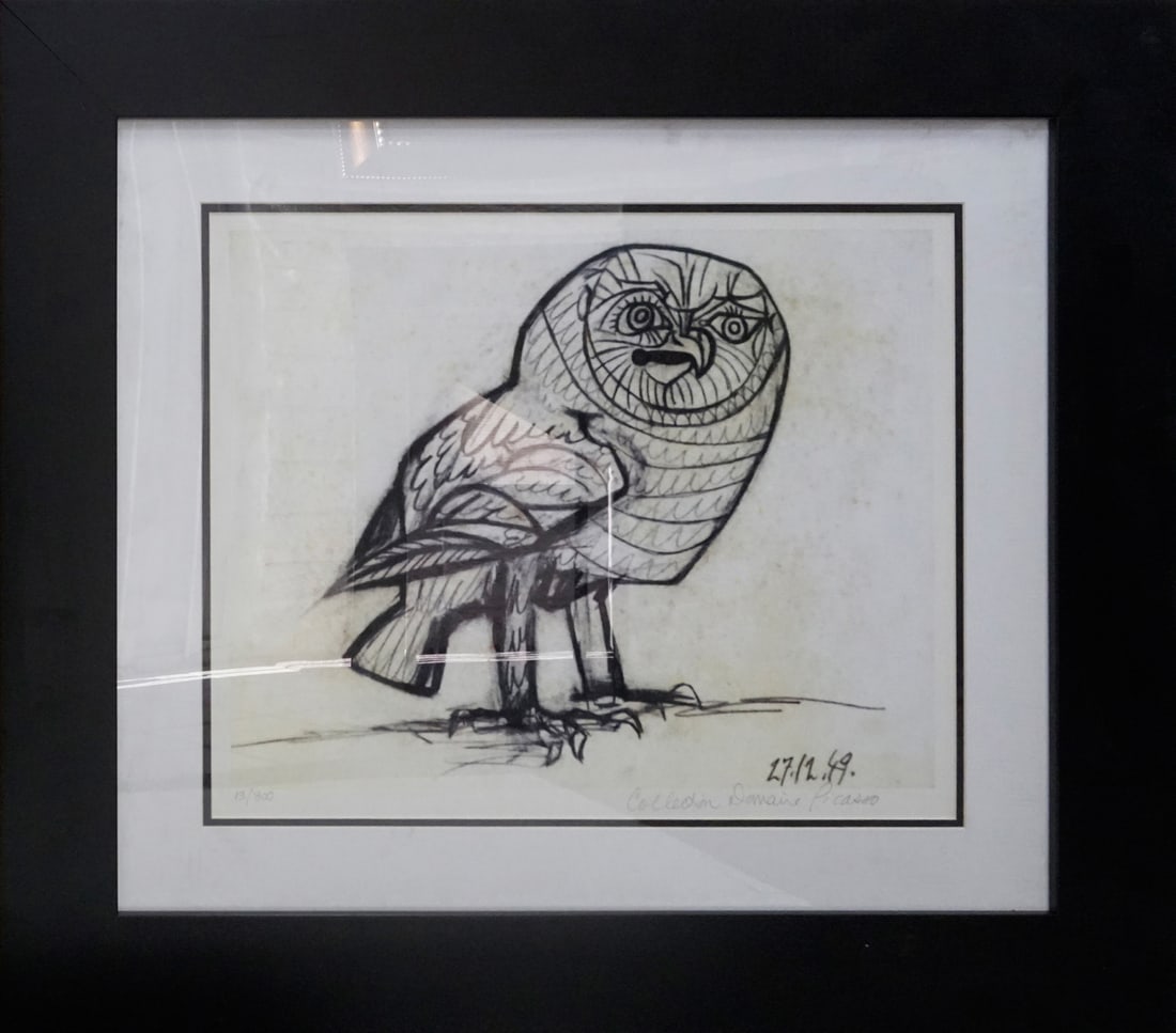 Pablo Picasso (Spanish 1881-1973) Limited Edition Owl Collection Domaine Picasso: Pablo Picasso (Spanish 1881-1973) Limited Edition Owl Collection Domaine Picasso Pablo Picasso Limited Edition Owl. Limited edition lithograph custom framed. Estate signed. From the Collection Domaine