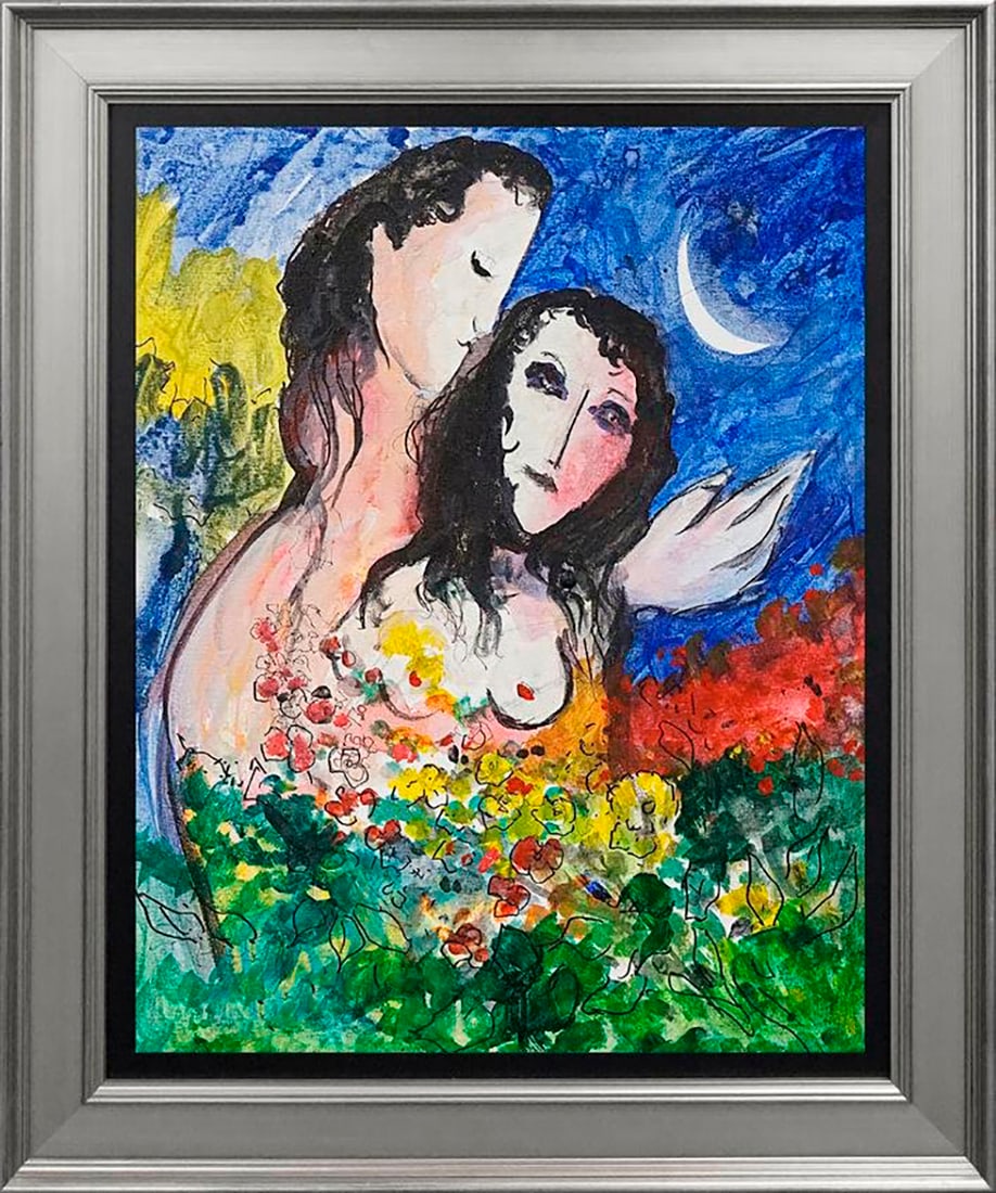 Marc Chagall (Russian-French 1887-1985) oil painting on canvas in the manner of Marc Chagall: Marc Chagall (Russian-French 1887-1985 oil painting on canvas in the manner of Marc Chagall. Approx. 16 x 20 image size approx inches image size. Custom framed. Includes documentation. Art Artwork Art
