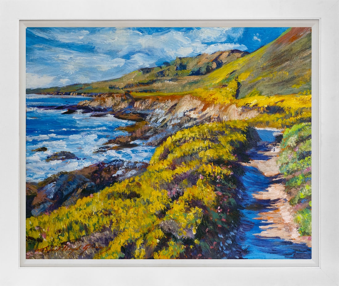 David Lloyd Glover (American 1949) Beach Path Big Sur Hand Embellished Painting on canvas by David: Hand Embellished Painting on canvas by David Lloyd Glover Hand signed by the artist. On canvas image size Approx image size 18x24 inches Custom framed and includes certificate This work was purchased 