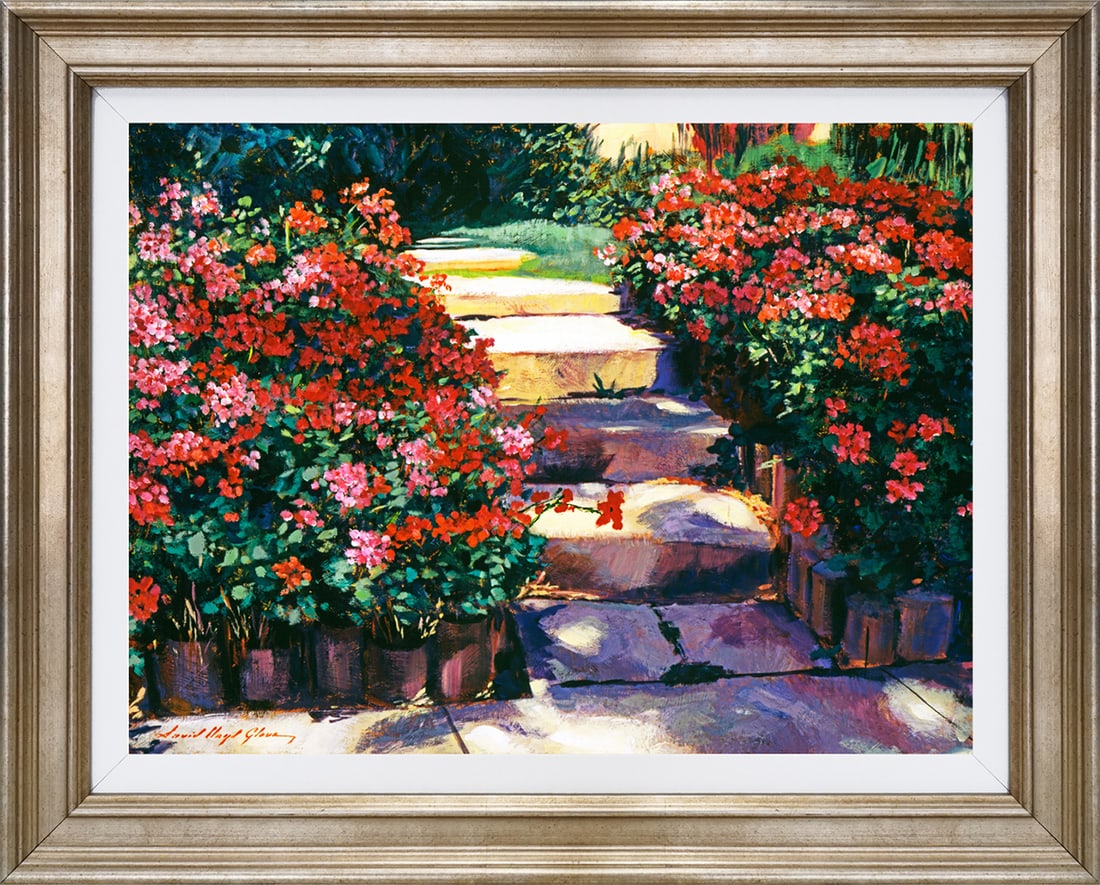 David Lloyd Glover (American 1949) Welcome to my Garden Mixed media Original Painting on canvas by: Mixed media Original Painting on canvas by David Lloyd Glover Hand signed by the artist. On canvas image size. Approx image size 18 x24 inches. Custom framed and includes certificate. This work was pu