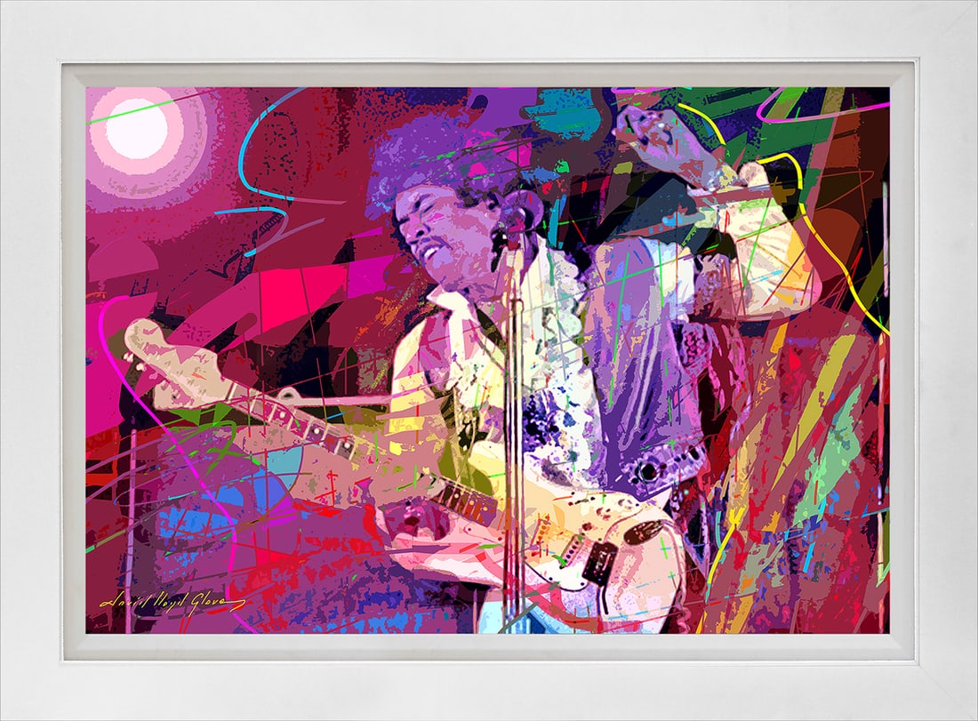 David Lloyd Glover (American 1949) Mixed media Original Painting on canvas by David Lloyd Glover: Mixed media Original Painting on canvas by David Lloyd Glover (American 1949) Jimi Hendrix Monterey Pop FestivalMixed media on canvas by David Lloyd Glover Hand signed by the artist. On canvas image s