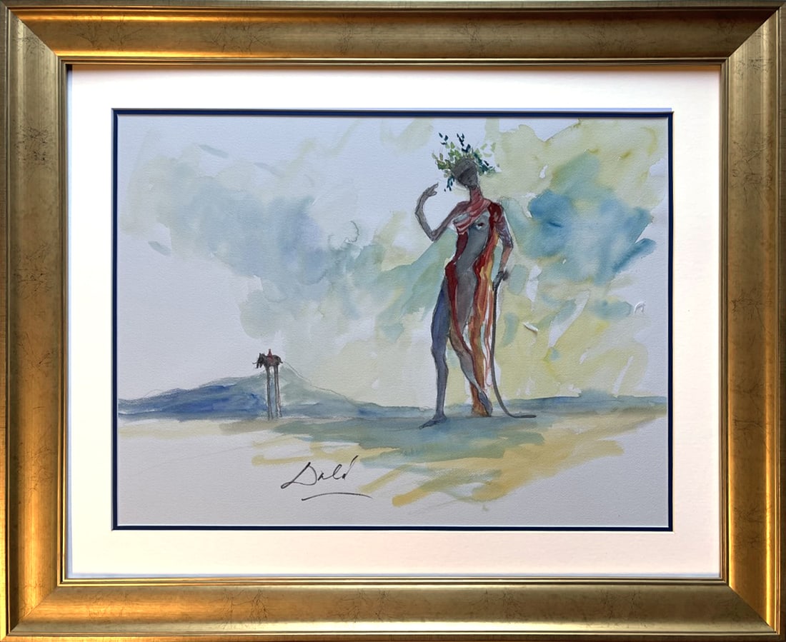 Salvador Dali (Spanish 1904-1989) Watercolor and Ink painting on archival Arches paper in the style: Salvador Dali (Spanish 1904-1989) Watercolor and ink on Arches paper in the style of Magritte, Hand signed, Approx 30x26 inches. Custom framed includes documentation. Art Artwork Artist.