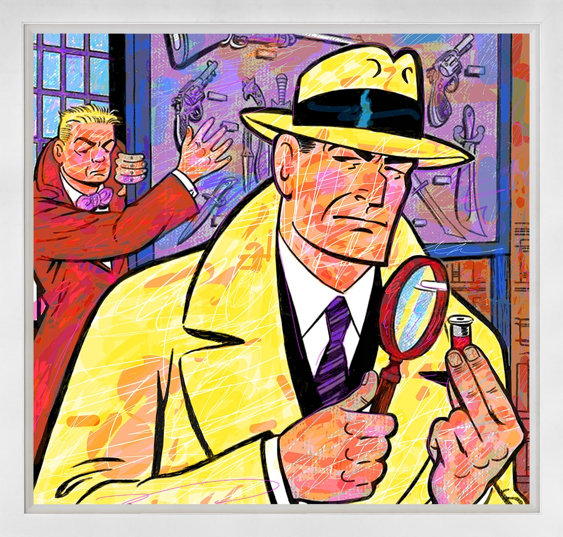 David Lloyd Glover (American 1949) Dick Tracy Original Mixed Media Painting on canvas by David Lloyd: Original Mixed Media Painting on canvas by David Lloyd Glover Hand signed by the artist. Custom framed and includes certificate from the artist. Approx 23x23 inches image size and 29x29 inches overall