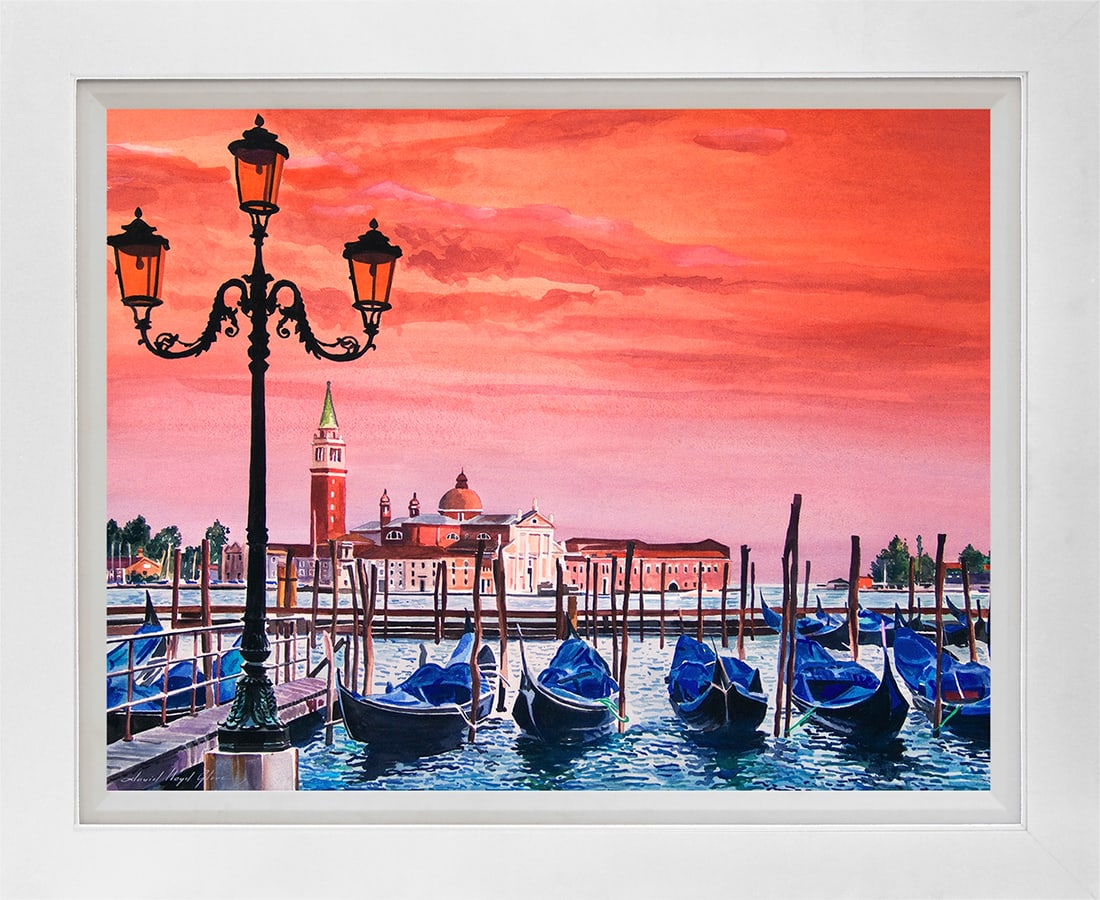 David Lloyd Glover (American 1949) The Gondolas of Italy Mixed media Original Painting on canvas by: The Gondolas of Italy Mixed media on canvas by David Lloyd Glover Hand signed by the artist. On canvas image size. Approx image size 18x24 inches. Custom framed and includes certificate Art Artwork Ar