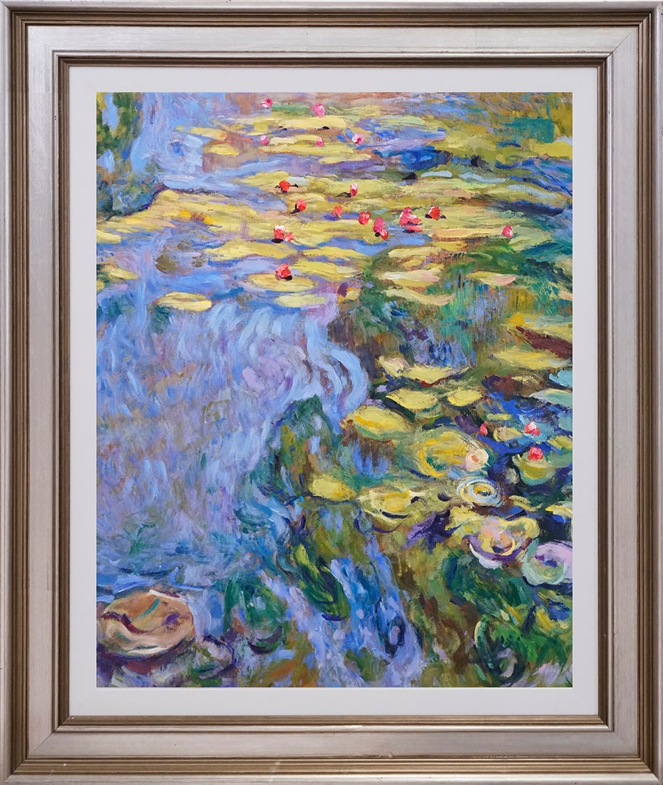 David Lloyd Glover (American 1949) oil painting on canvas in the manner of Claude Monet Nympheas by: oil painting on canvas - Mixed media original Daivd Lloyd Glover Approx. 30 x 24 inches image size. Includes documentation. Custom framed. Hand signed by the artist. Art Artwork Artist.