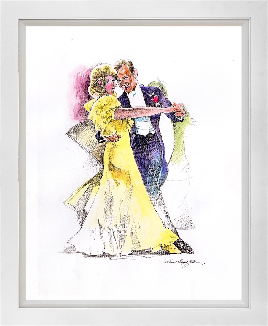 David Lloyd Glover (American 1949) Fred Astair and Ginger Rogers Mixed Media Original painting on: Fred Astaire and Ginger Rogers Hand colored on paper David Lloyd Glover One of a kind. Hand signed by the artist. On canvas. Approx image size 18 x 24 inches. Custom framed and includes certificate. A