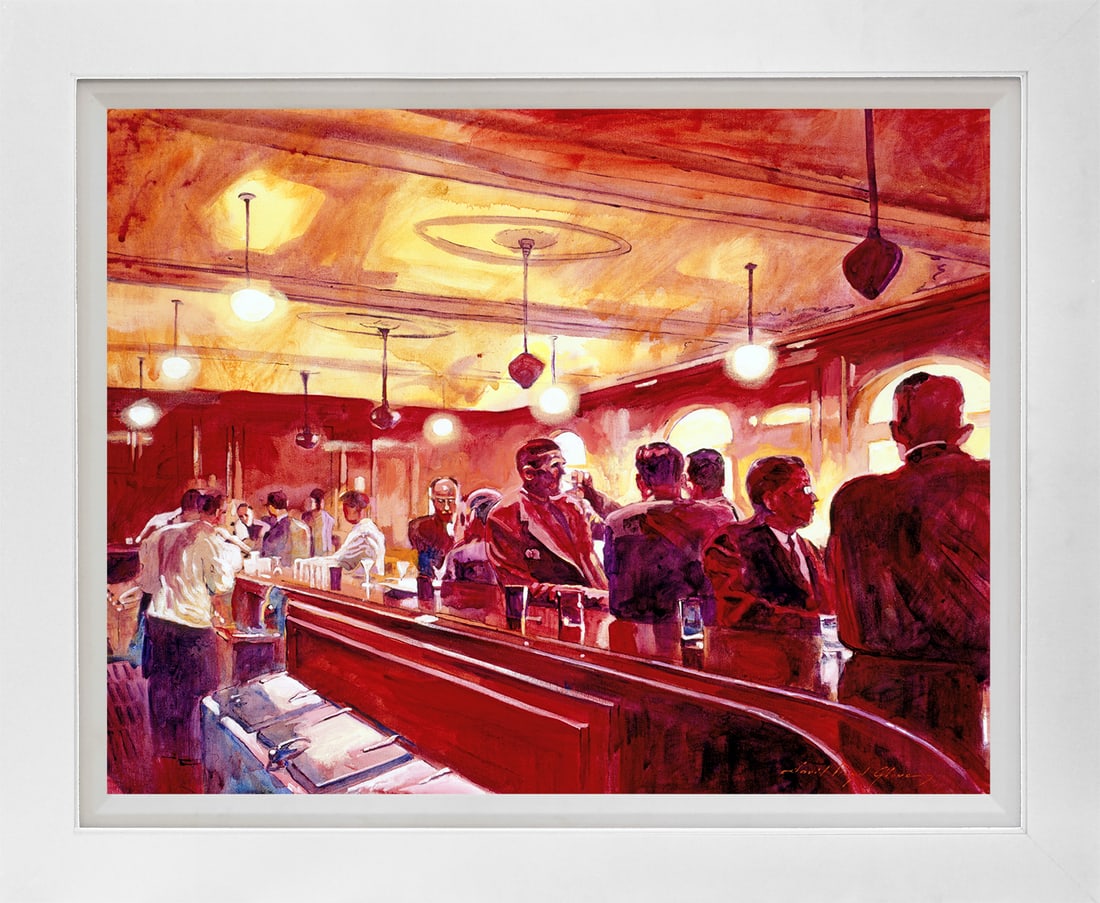David Lloyd Glover (American 1949) New York Bar Mixed Media Original Painting on canvas by David: New York Bar Mixed media on canvas by David Lloyd Glover Hand signed by the artist. On canvas image size. Approx image size 18x24 inches Custom framed and includes certificate. This work was purchased