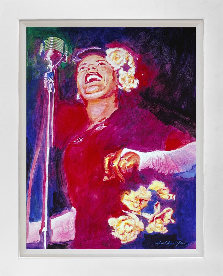 David Lloyd Glover (American 1949) Billie Holiday Mixed Media Original Painting on canvas by David: Lady Day Billie Holiday Mixed media on canvas by David Lloyd Glover Hand signed by the artist. On canvas image size. Approx image size 18x24 inches Custom framed and includes certificate. This work wa