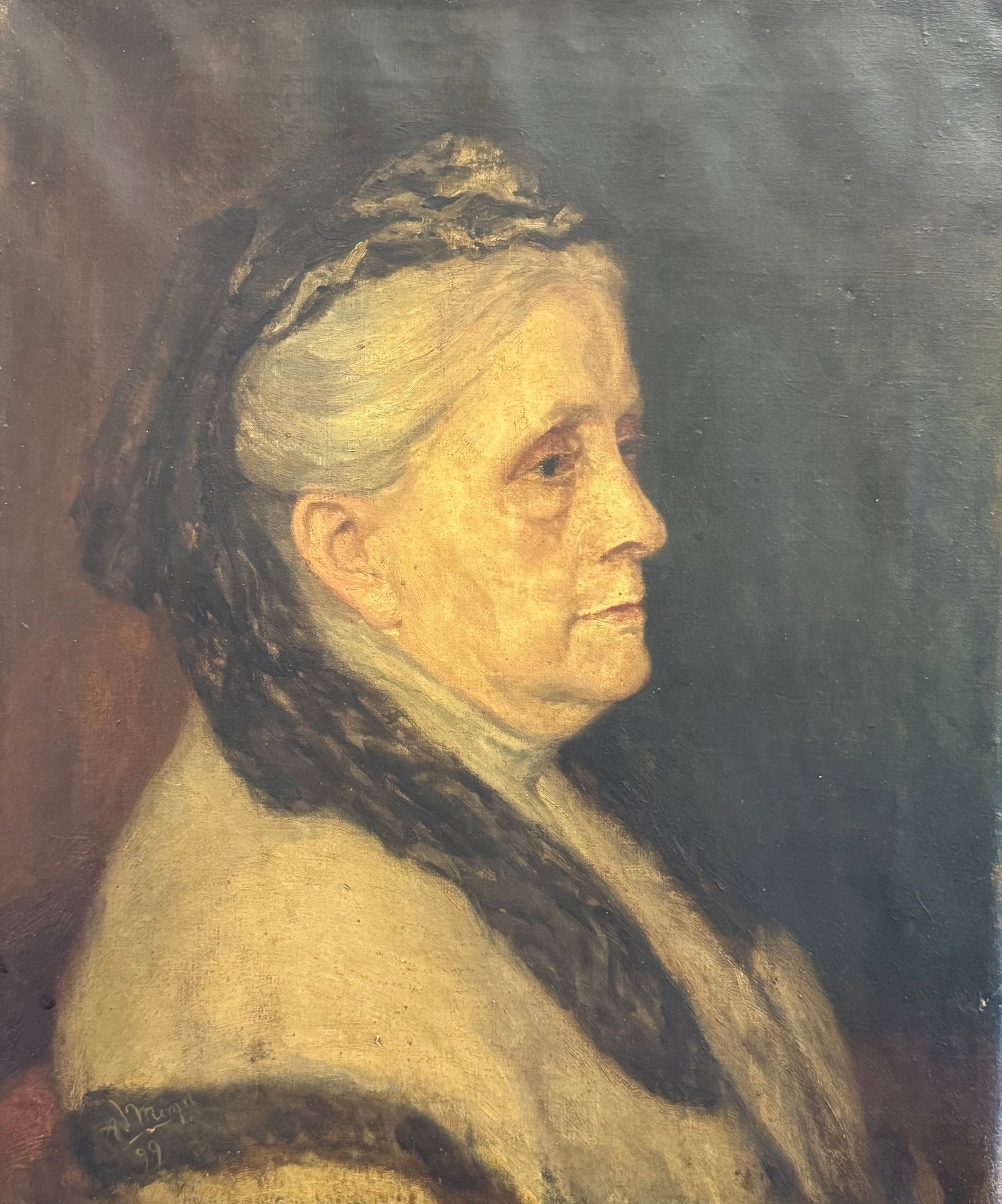 Artist: A. Mengel Title: Portrait Technique: Oil on canvas Period: 19th Century: Artist: A. MengelTitle: PortraitTechnique: Oil on canvasDimensions: 52 x 42 cmPeriod: 19th CenturyOrigin: GermanyDescription: An elegant female portrait in profile, representative of the 19th-century 