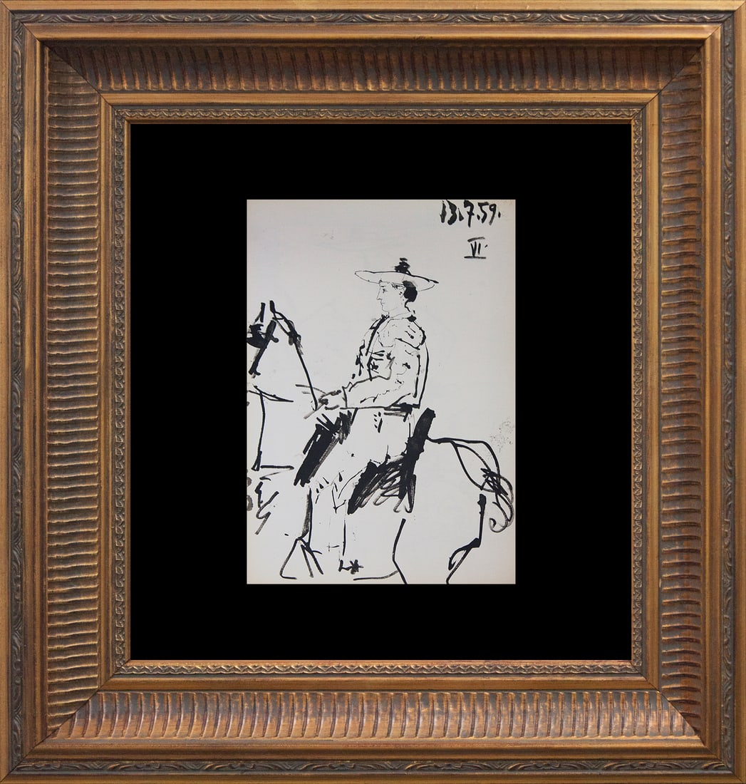 Pablo Picasso (Spanish 1881-1973) Toros y Toreros Bullfighter lithograph by Mourlot Press Paris: Pablo Picasso (Spanish 1881-1973) Toros y Toreros Bullfighter lithograph by Mourlot Press ParisPablo Picasso 1961. Includes certificate of authenticity. Approx 20x24 inches. Custom framed. Printed In 