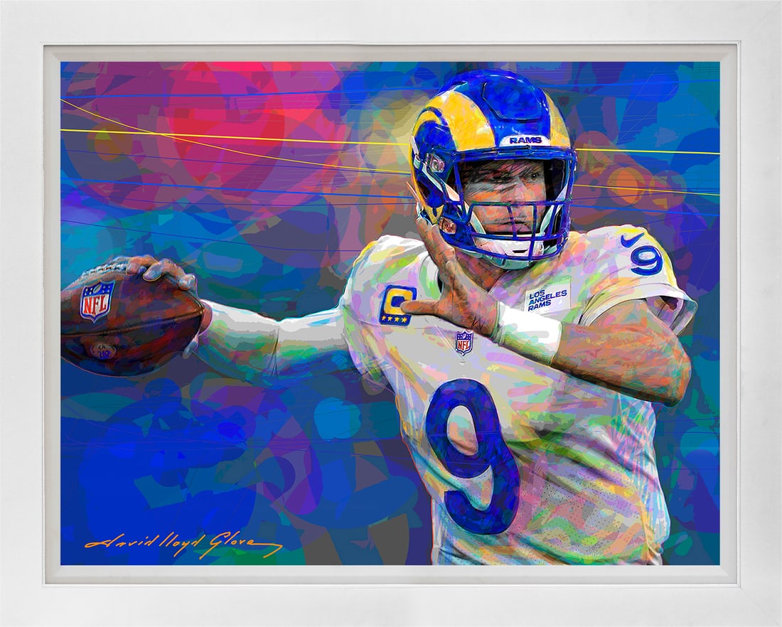 David Lloyd Glover (American 1949) Matthew Stafford Limited Edition on canvas David Lloyd Glover: Matthew Stafford Limited Edition on canvas by David Lloyd Glover Hand signed by the artist. On canvas. Approx image size 18x24 inches. Custom framed and includes certificate. This work was purchased d
