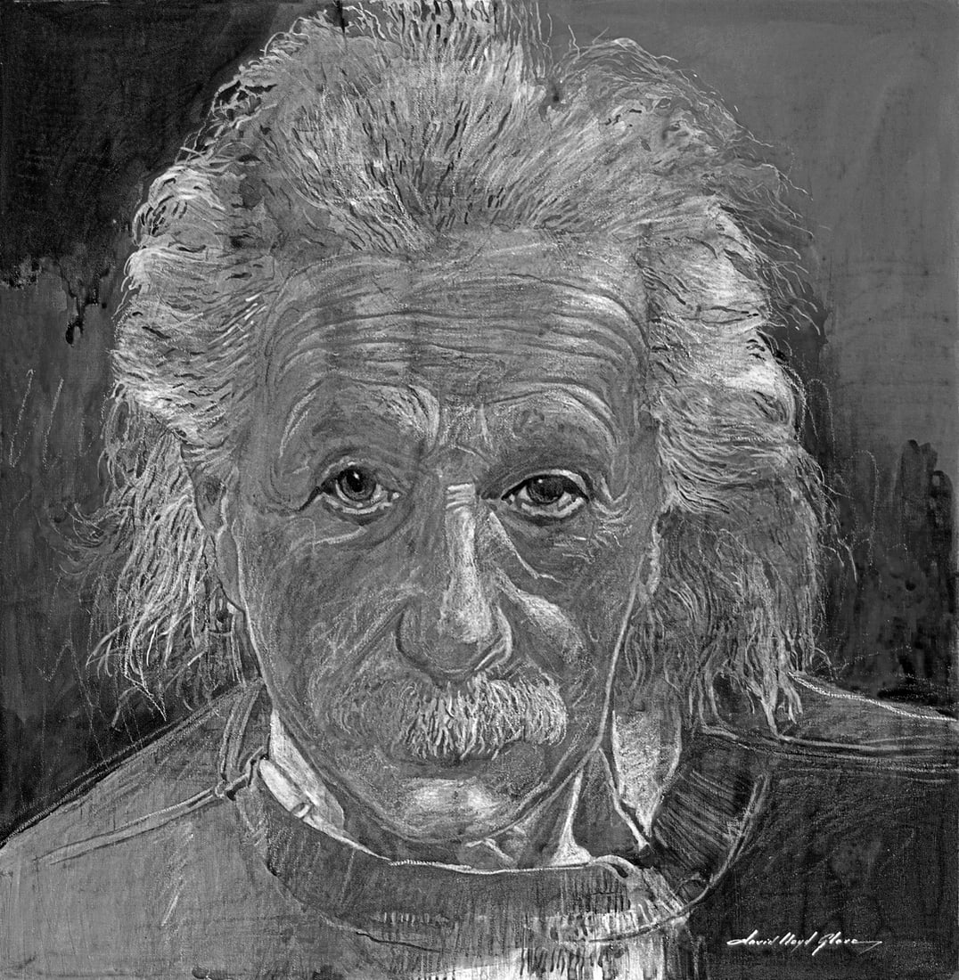 David Lloyd Glover (American 1949) Albert Einstein the Genius Monotone Mixed Media on paper by: Monotone Mixed Media on paper David Lloyd Glover One of a kind. Hand signed by the artist. On canvas Approx 20x24 inches Custom framed and includes certificate This work was purchased directly from th