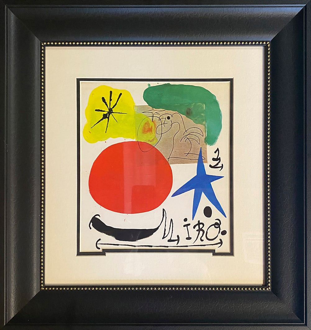 Joan Miro (Spanish 1893-1983) color plate Lithograph from 1970: Joan Miro (Spanish 1893-1983) color plate lithograph on paper Custom framed Approx 26 x 22 inches. Custom framed and includes documentation Art Artwork Artist.