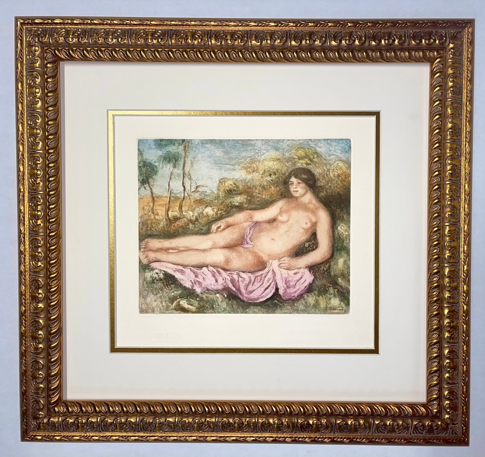 Pierre Renoir (French 1841-1919) hand colored etching: Pierre Renoir (French 1841-1919) hand colored etching Approx 20x18 inches. This etching was produced from the original copper plates from 1919 before Renoir's death. This was printed by hand in Paris,