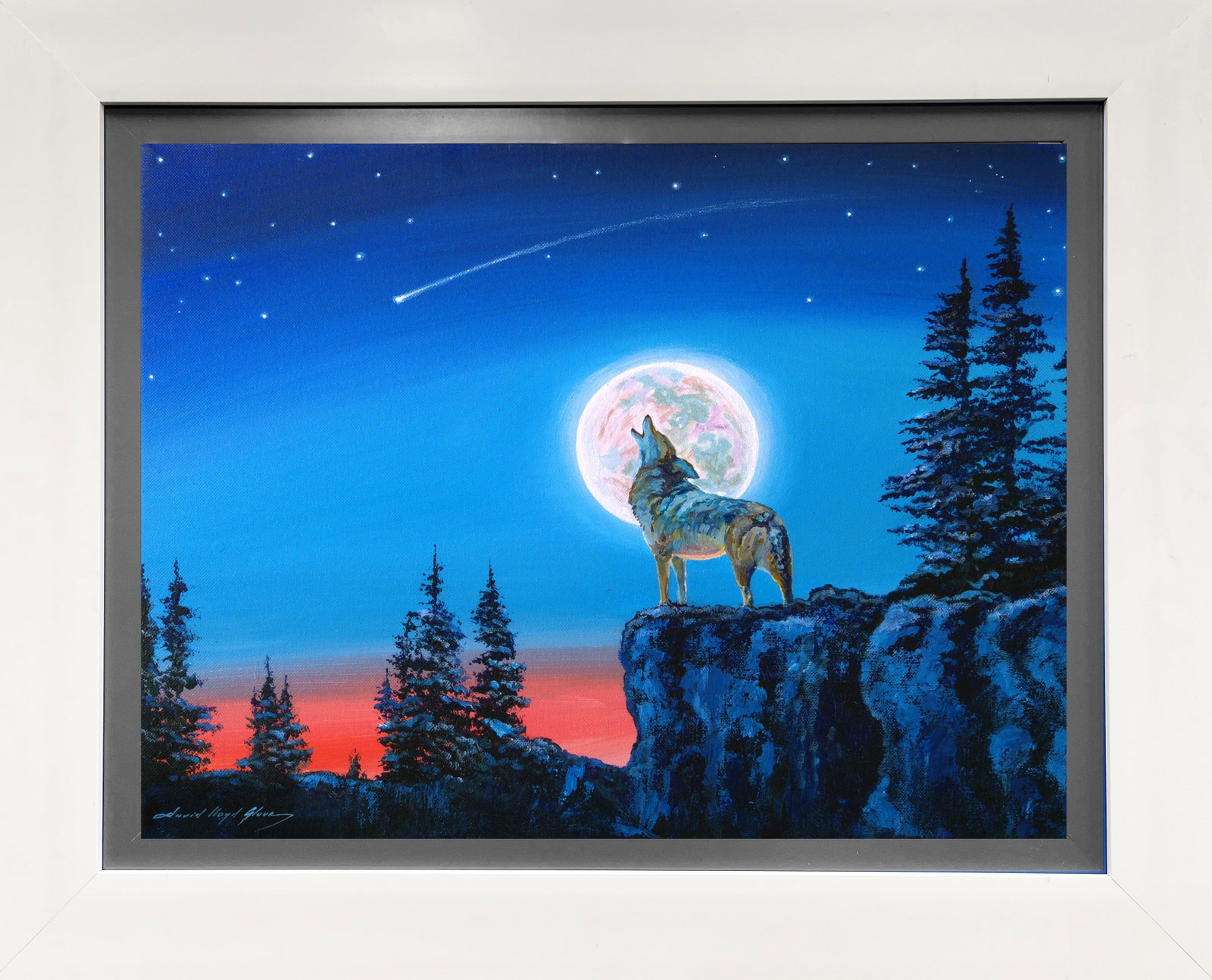 David Lloyd Glover (American 1949) Winter Moon with wolf Original Mixed Media Painting on canvas by: Mixed Media Original Painting on canvas David Lloyd Glover One Mixed Media Original Painting on canvas David Lloyd Glover One of a kind. Hand signed by the artist. On canvas Approx image size 18x24 in