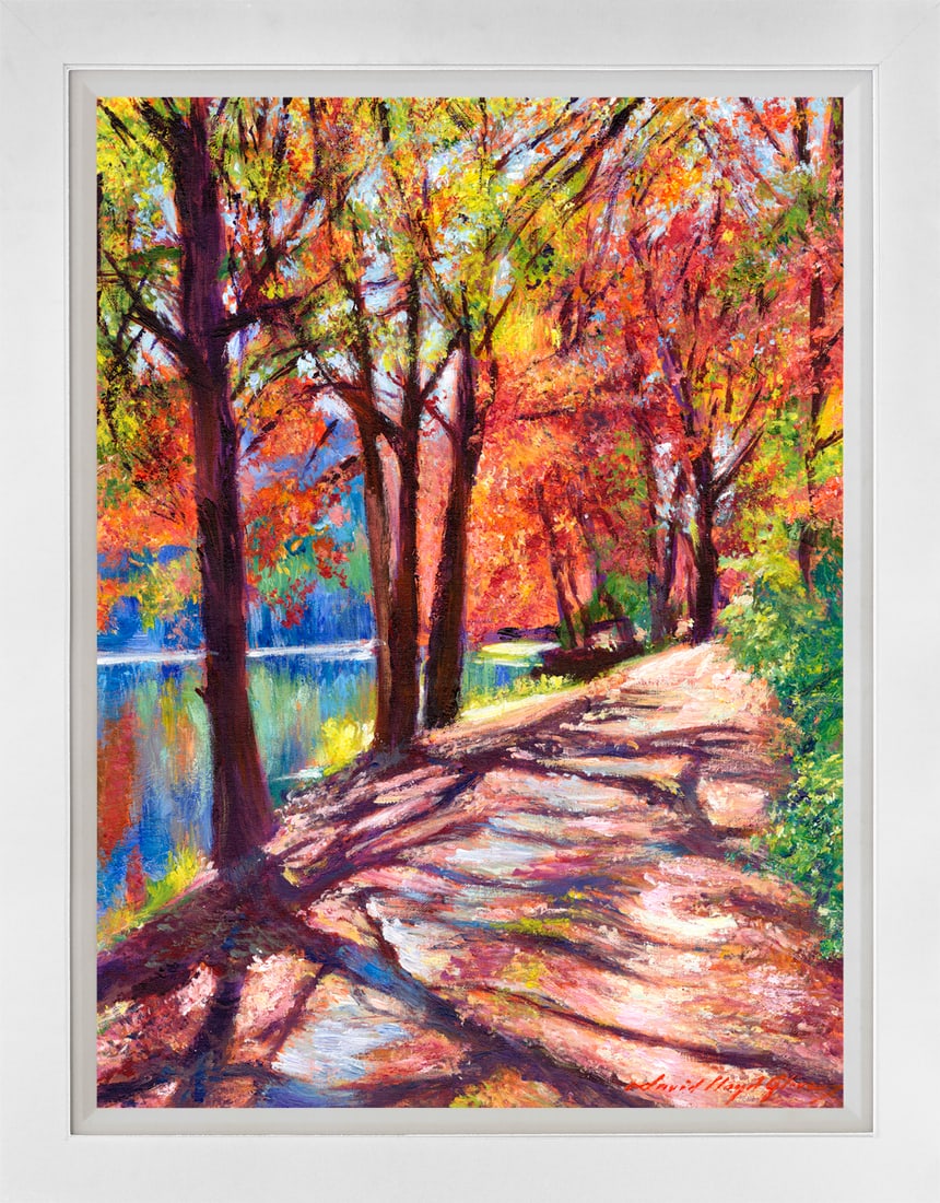 David Lloyd Glover (American 1949) Walk along the Lake Original Mixed Media Painting on canvas by: Mixed Media Original Painting on canvas David Lloyd Glover. One Mixed Media Original Painting on canvas. One of a kind. Hand signed by the artist. On canvas. Approx image size 18x24 inches. Custom fra