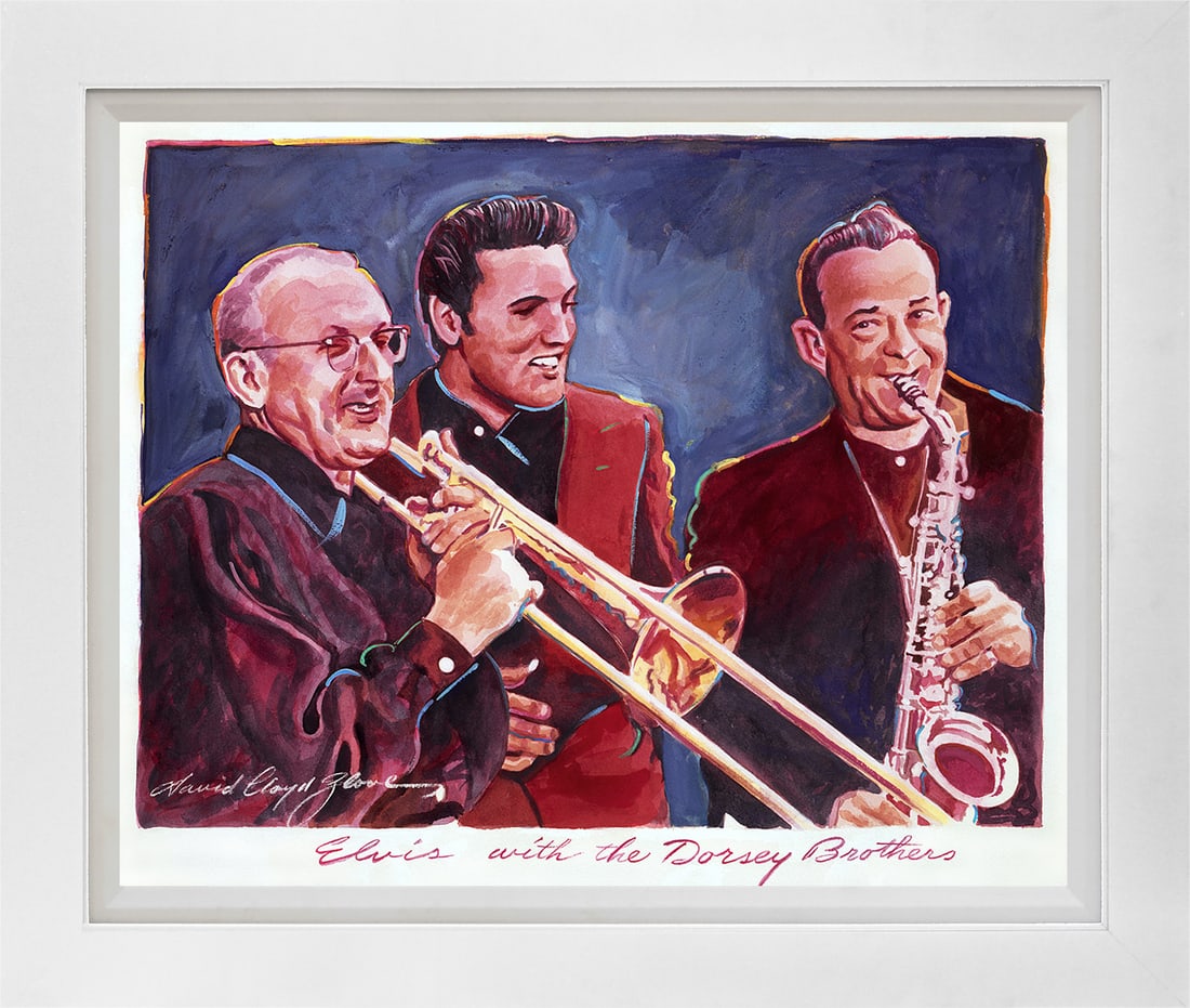 David Lloyd Glover (American 1949) Elvis Meets the Dorsey Brothers Mixed Media Original by David: Elvis meets the Dorsey Brothers Mixed media on canvas by David Lloyd Glover Hand signed by the artist. On canvas image size- Approx image size 18x24 inches. Custom framed and includes certificate. Thi
