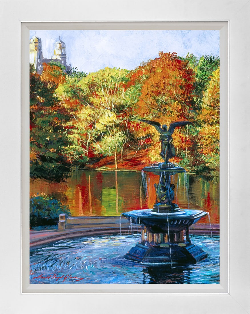 David Lloyd Glover (American 1949) Fountain at Central Park Mixed Media Original by David Lloyd: Fountain at Central Park. Mixed media Original Painting on canvas by David Lloyd Glover Hand signed by the artist. On canvas image size Approx image size 18x24 inches. Custom framed and includes certi