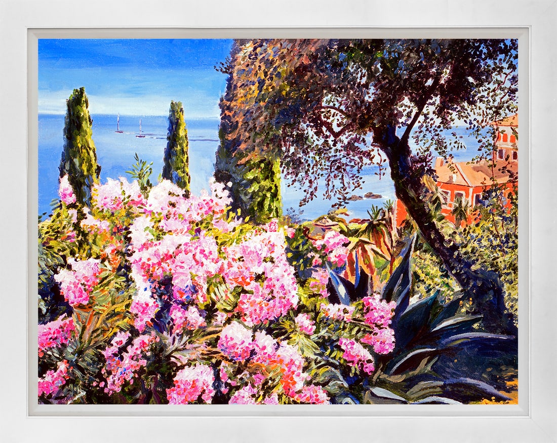 David Lloyd Glover (American 1949) Mediterranean Gardens Original Mixed Media Painting on canvas by: Mediterranean Gardens Original Mixed Media Painting on canvas by David Lloyd Glover Hand signed by the artist Approx 24x18 inches image size custom framed and includes certificate. Art Artwork Artist.