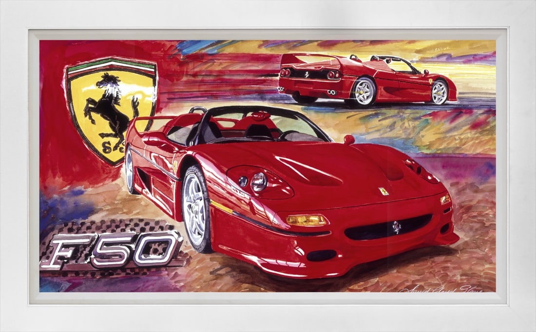 David Lloyd Glover (American 1949) Ferrari Mixed Media Original Painting on canvas by David Lloyd: Mixed media on canvas by David Lloyd Glover Hand signed by the artist. On canvas image size. Approx 3image size 18 x24 inches. Custom framed and includes certificate. This work was purchased directly 