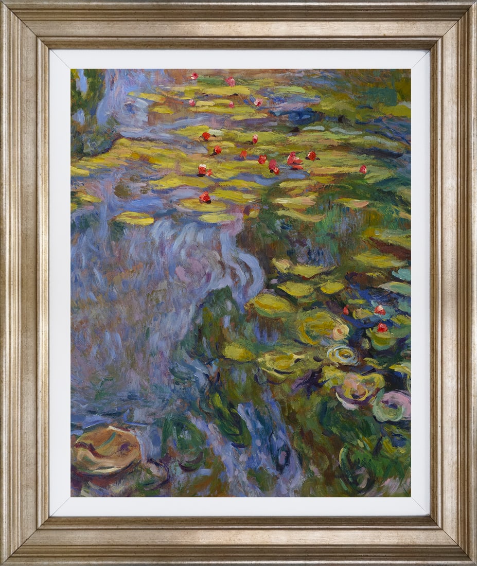 David Lloyd Glover (American 1949) Nympheas Mixed Media Original painting by David Lloyd Glover: Mixed media on canvas by David Lloyd Glover. One of a kind. Hand signed by the artist. On canvas. Approx image size 18 x 24 inches Custom framed and includes certificate. Art Artwork Artist.