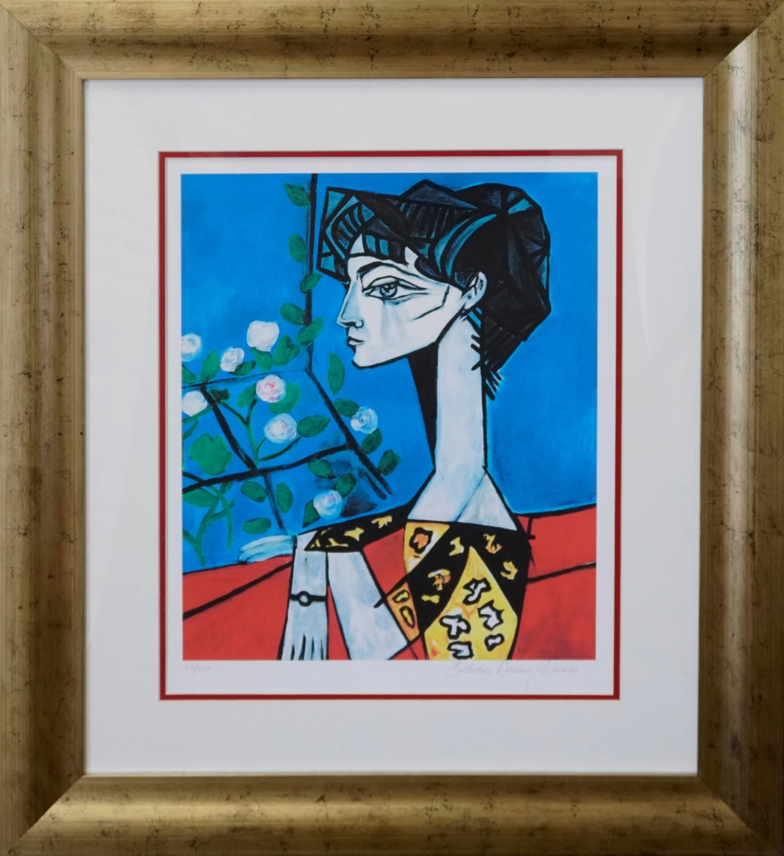 Pablo Picasso (Spanish 1881-1973) Limited edition Lithograph Jacqueline With Flowers Collection: Pablo Picasso (Spanish 1881-1973) Limited edition Jacqueline With Flowers Collection Domaine after Pablo Picasso Limited edition Jacqueline with Flowers. Custom framed. Estate signed. From the Collect
