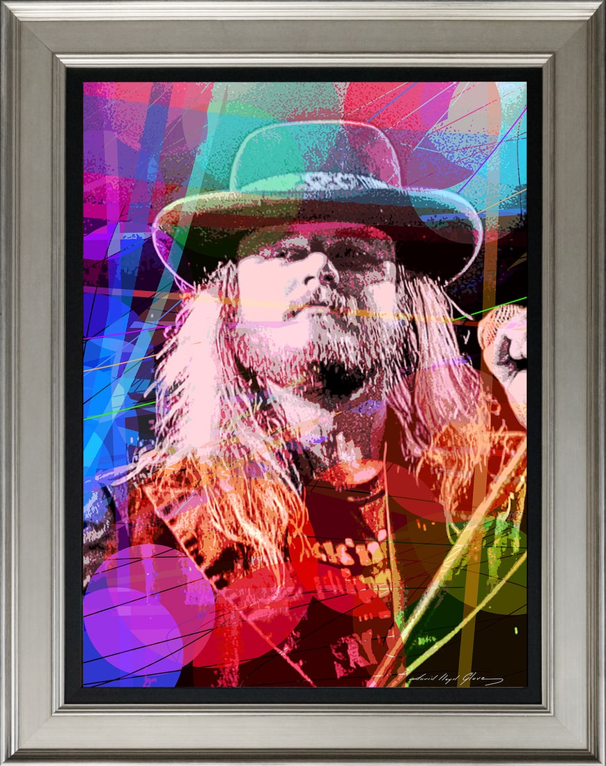 David Lloyd Glover (American 1949) Ronnie Van Zant Mixed Media Original painting by David Lloyd: Ronnie Van Zant Mixed media on canvas by David Lloyd Glover. One of a kind. Hand signed by the artist. On canvas. Approx image size 18 x 24 inches. Custom framed and includes certificate. Art Artwork 