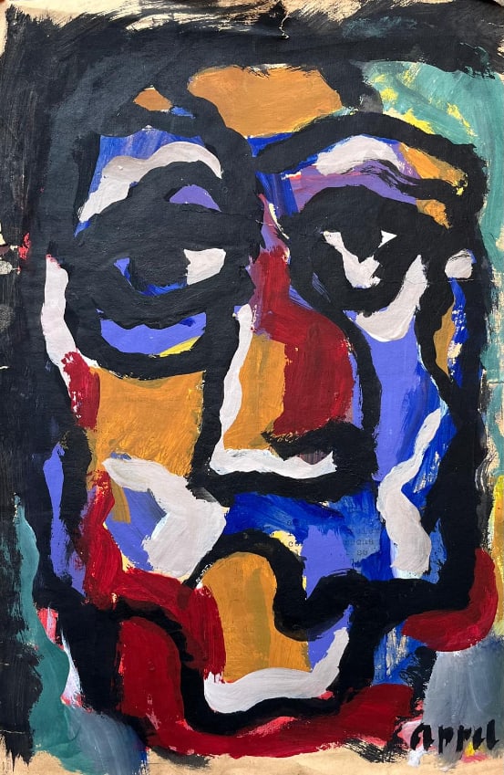 Karel Appel (Dutch 1921-2006) circa 1965 Tempera on paper board: Karel Appel (Dutch 1921-2006) Portrait circa 1965 Tempera on paper boardMeasurements: 32x22cmSigned: lower right corner “Appel”Provenance: Private collectionObs: Descriptive label (Karel Appel