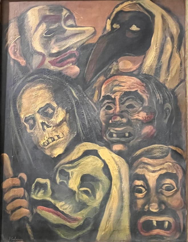 J. Solana oil painting on canvas (1886-1945): J. Solana oil painting on canvas 1886-1945 Technique: oil painting on canvas Measurements: 79 x 60 cm Title: Masks Signed J. Solana at the bottom left. Provenance: Private collection Behind the work g