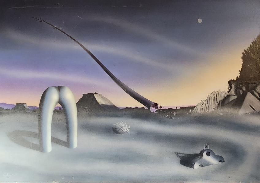 Surreal Oil painting on canvas surreal painting after Dali illegible signature Titled The Lysergic: Surreal Oil painting on canvas surreal painting after Dali illegible signature Titled The Lysergic Globe. Rare painting on canvas from the 1960s. Dimensions 92 cm x 65 cm / 36 in x 25 in Art Artwork A