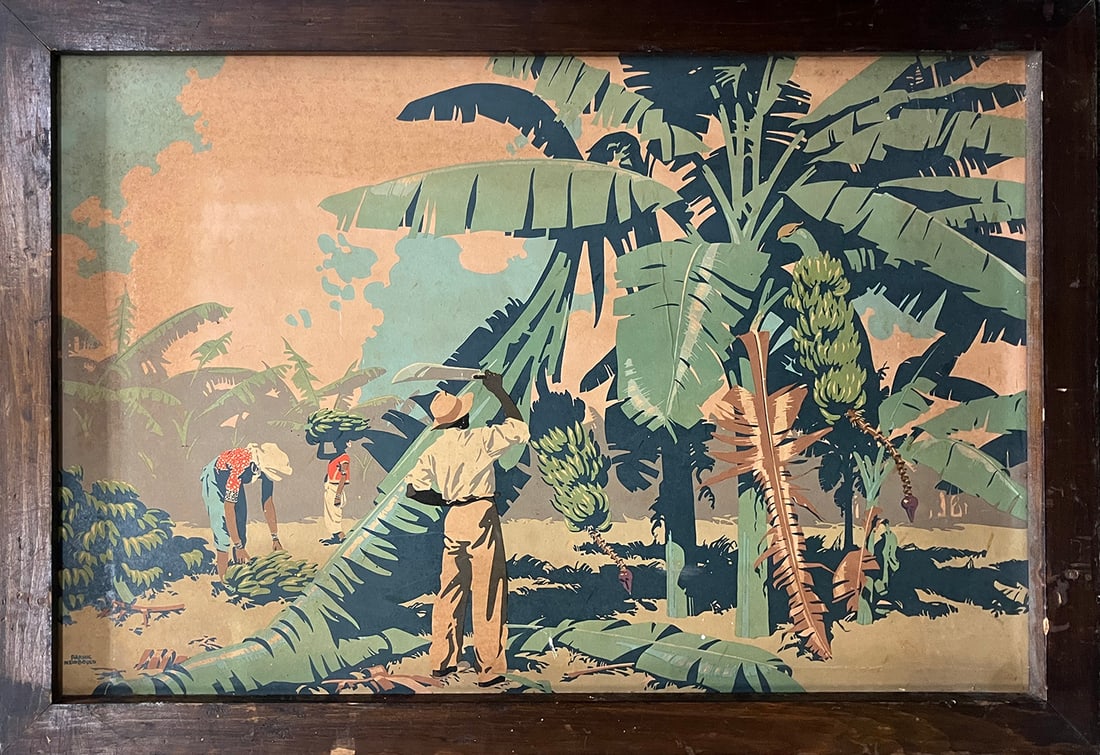 Frank Newbould Jamaica orchards landscape original lithograph vintage on board: Frank Newbould Jamaica orchards landscape original lithograph on board Frank Newbould Jamaica orchards landscape lithograph on wood 34x25 inches Approx. Cutting sugar cane in the west indies Art