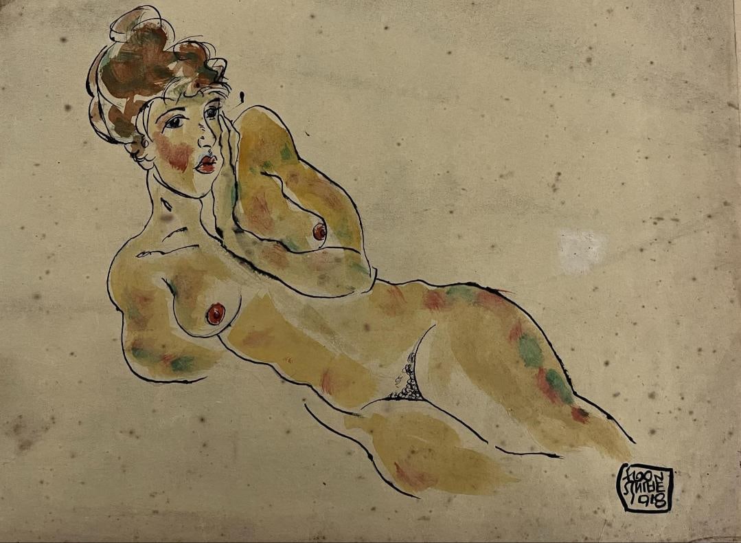Egon Schiele (Austrian 1890-1918) Female nude Watercolor on paper Signed Egon Schiele 1918: Egon Schiele (Austrian 1890-1918)Artist: Egon SchieleTitle: Female nudeTechnique: Watercolor on paperSigned: Egon Schiele 1918 lower right cornerMeasurements: 26 x 34 cmProvenance: Private collectionB