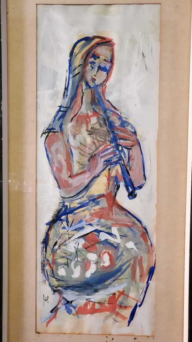 Old European oil painting Lady with flute illegible m: Old European oil painting Lady with flute illegible.Great & rare work, oil painting technique on paper. Lady with flute, illegible signature, see the photos. total measurements 81cm x 38 cm (32 in x15