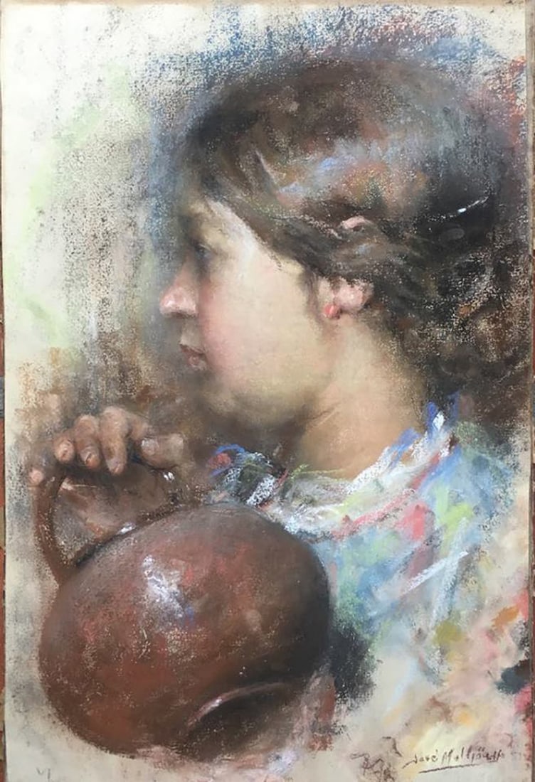 Jose Malhoa pastel on paper board: Jose Malhoa pastel on paper board 51x34cm. Portrait. Art Artwork Artist.