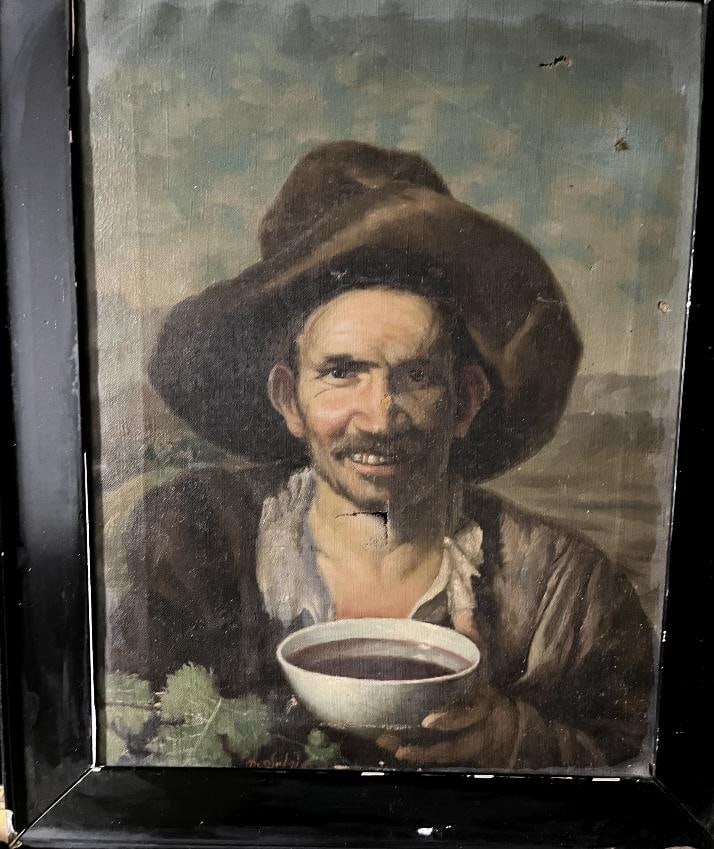 Old studio oil painting by Los Borrachos de Velazquez. Artist illegible signature.: Old painting (study) of Velazquez's painting entitled The Triumph of Bacchus known as The Drunks of VelazquezArtist: illegible signatureYear: 1900Technique: oil painting on canvasmeasures: only 19 in 
