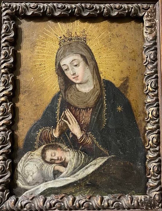 18th century original oil on copper virgin and baby Jesus sleeping (1 of 1)